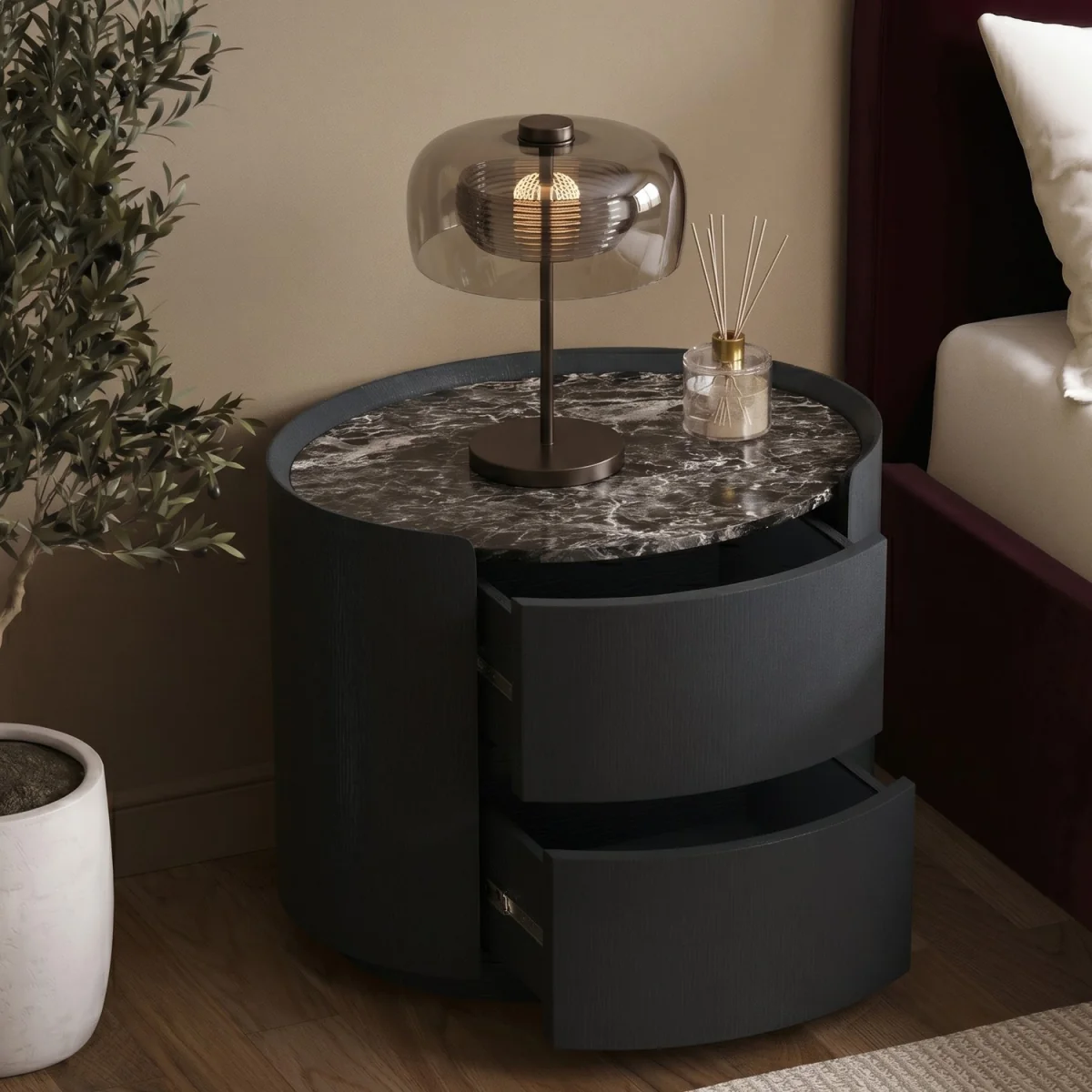 Black and Marble-Effect 2 Drawer Bedside Table - Raffaele – image 2
