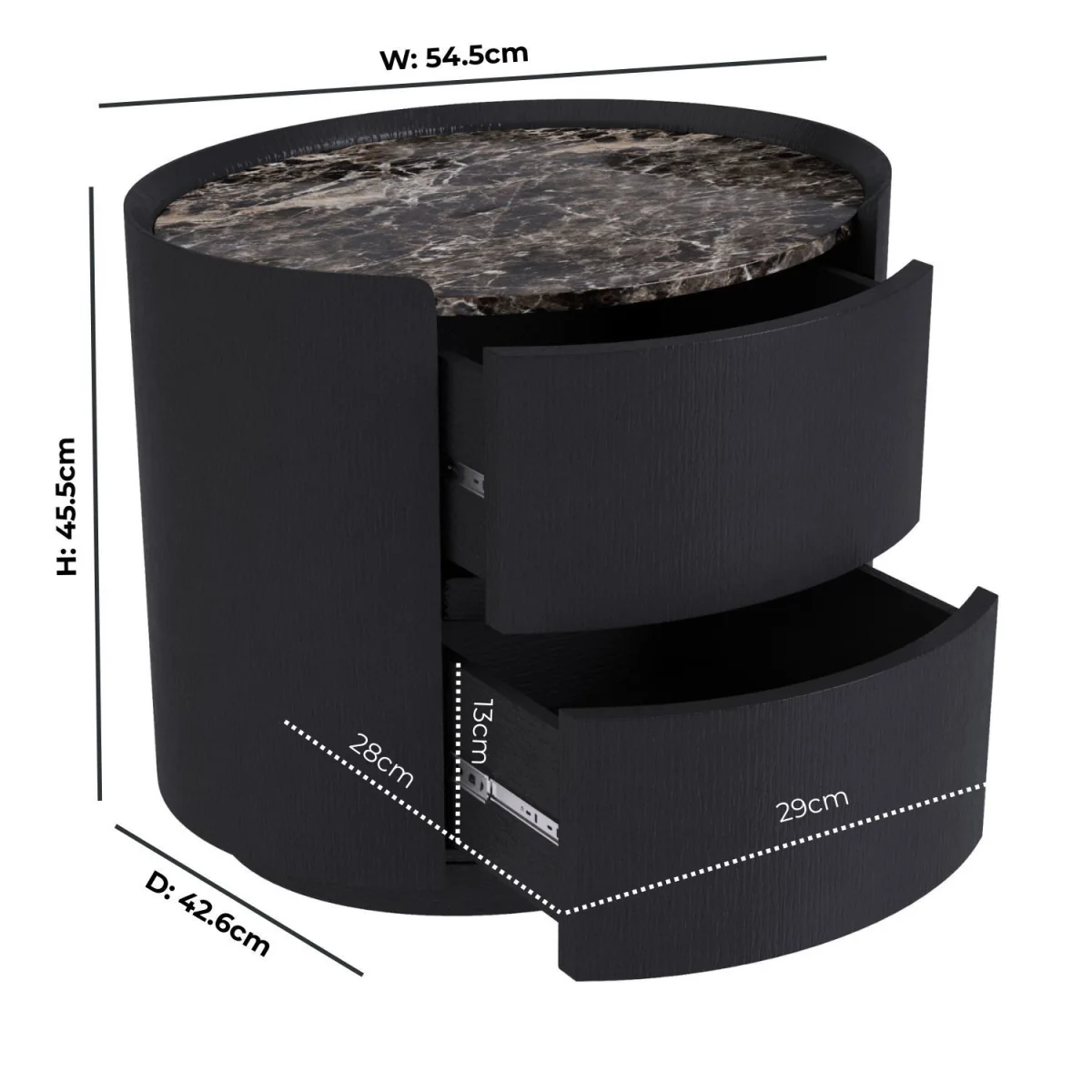 Black and Marble-Effect 2 Drawer Bedside Table - Raffaele – image 3