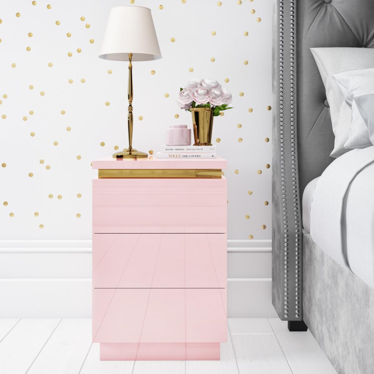 Pink High Gloss Bedside Table with 3 Drawers and a Gold Trim - Isabella – image 2