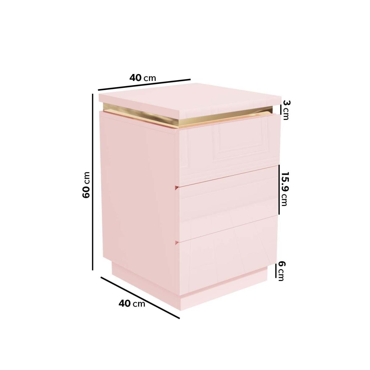 Pink High Gloss Bedside Table with 3 Drawers and a Gold Trim - Isabella – image 3