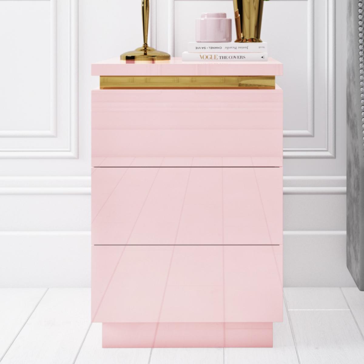 Pink High Gloss Bedside Table with 3 Drawers and a Gold Trim - Isabella – image 6