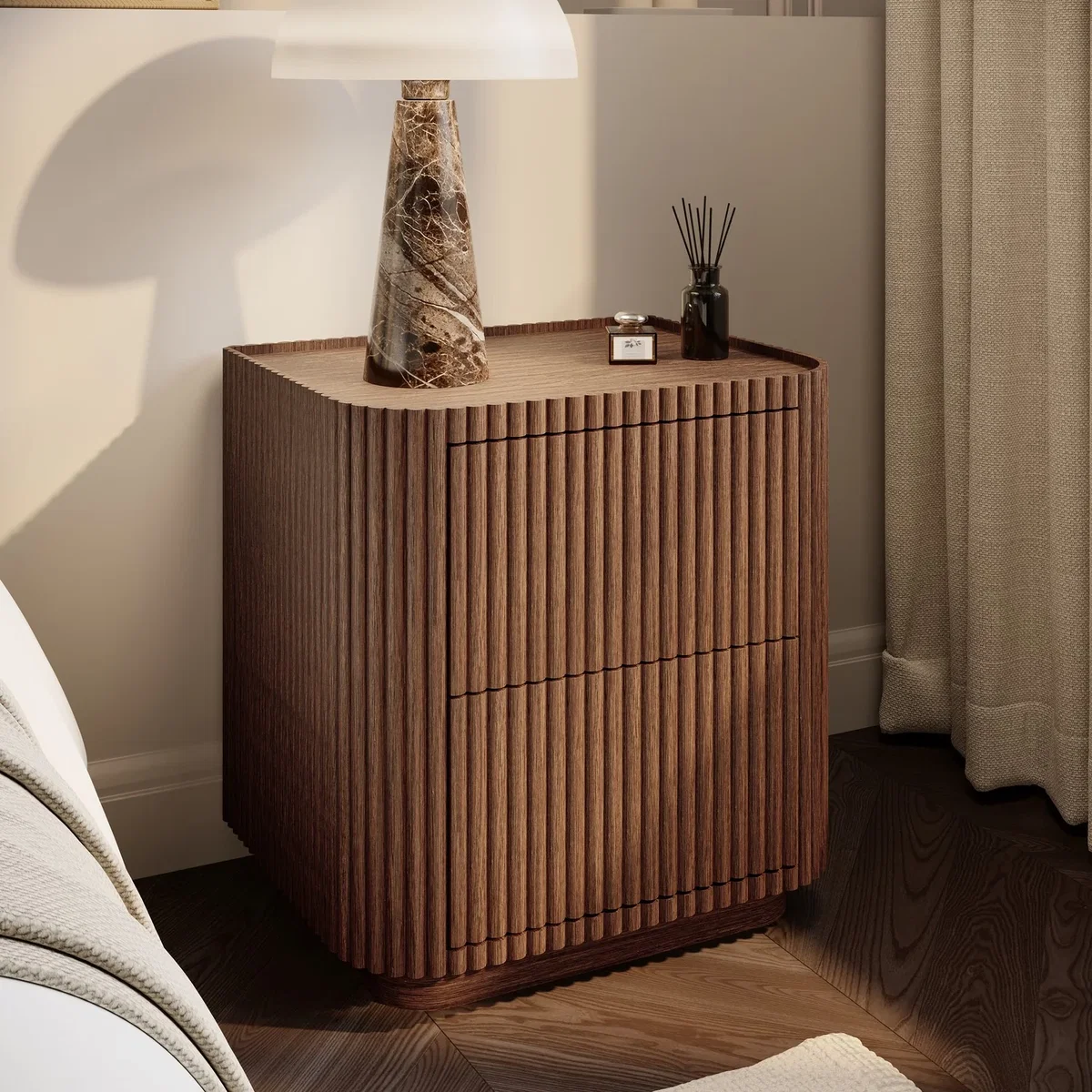 Walnut Ribbed 2 Drawer Bedside Table - Fully Assembled - Drew – image 2