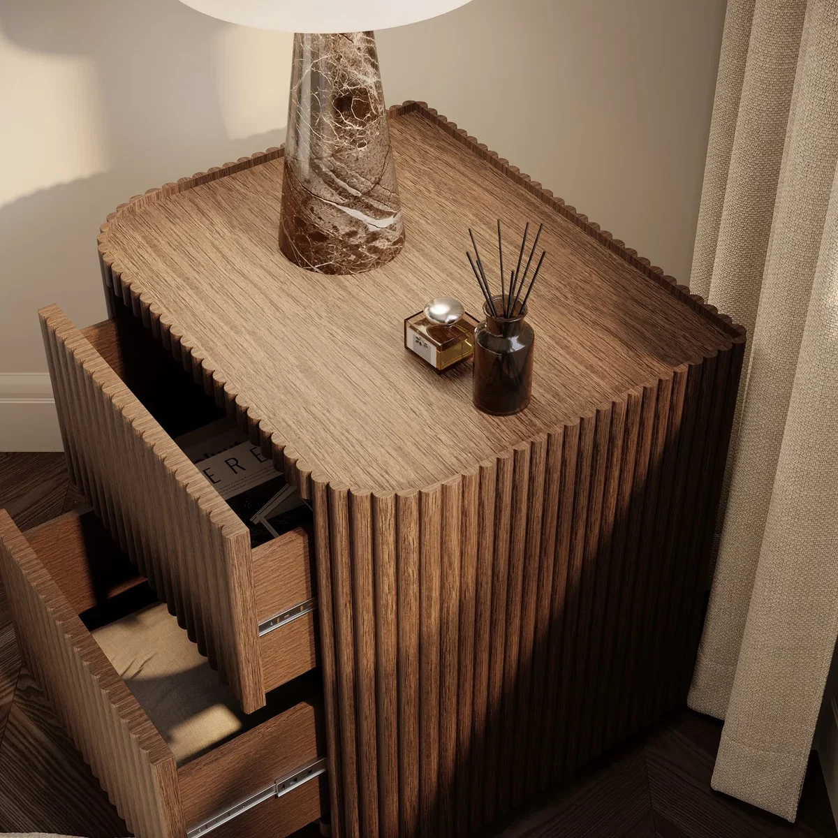 Walnut Ribbed 2 Drawer Bedside Table - Fully Assembled - Drew – image 3
