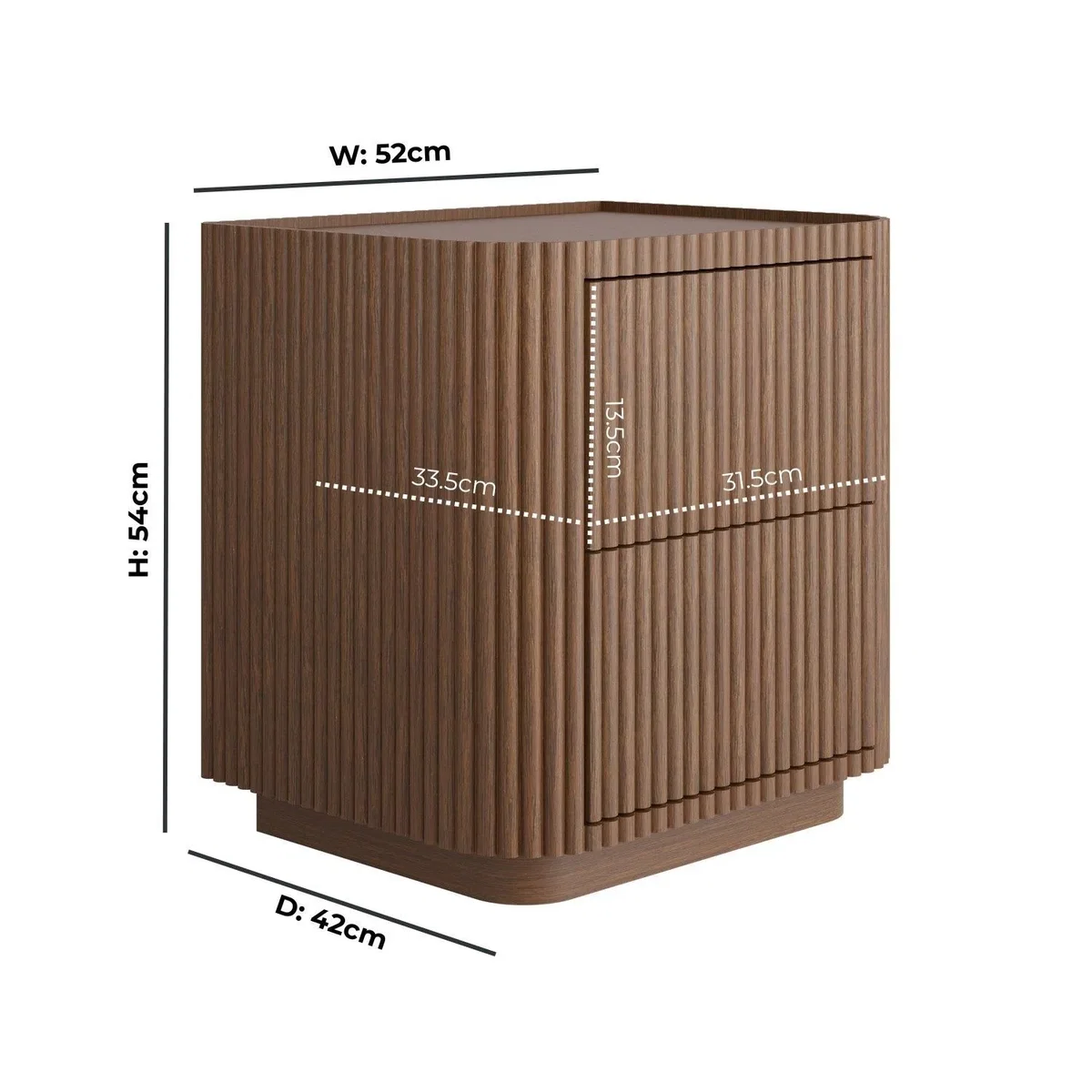 Walnut Ribbed 2 Drawer Bedside Table - Fully Assembled - Drew – image 4