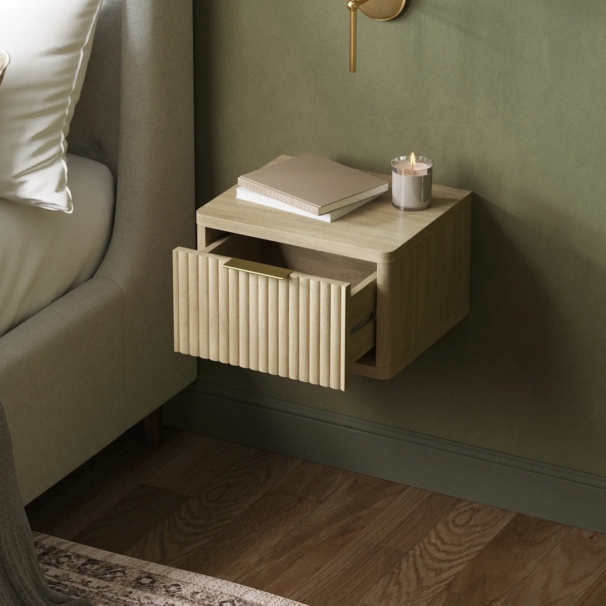 Oak Ribbed Floating Bedside Table with Drawer - Valencia – image 2