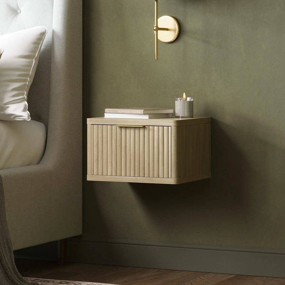 Oak Ribbed Floating Bedside Table with Drawer - Valencia – image 1