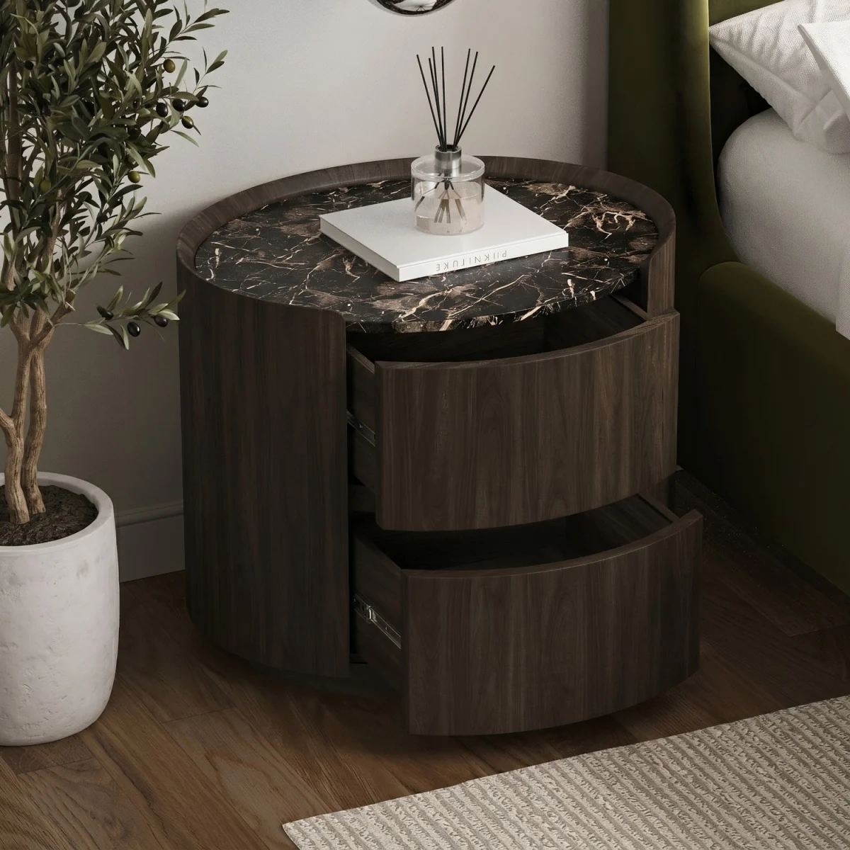 Walnut and Marble-Effect 2 Drawer Bedside Table - Raffaele – image 2