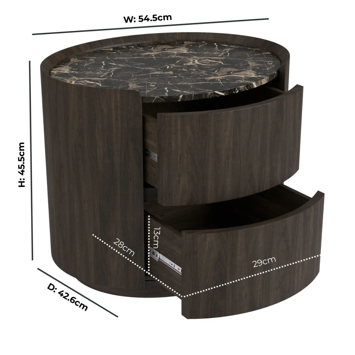 Walnut and Marble-Effect 2 Drawer Bedside Table - Raffaele – image 3