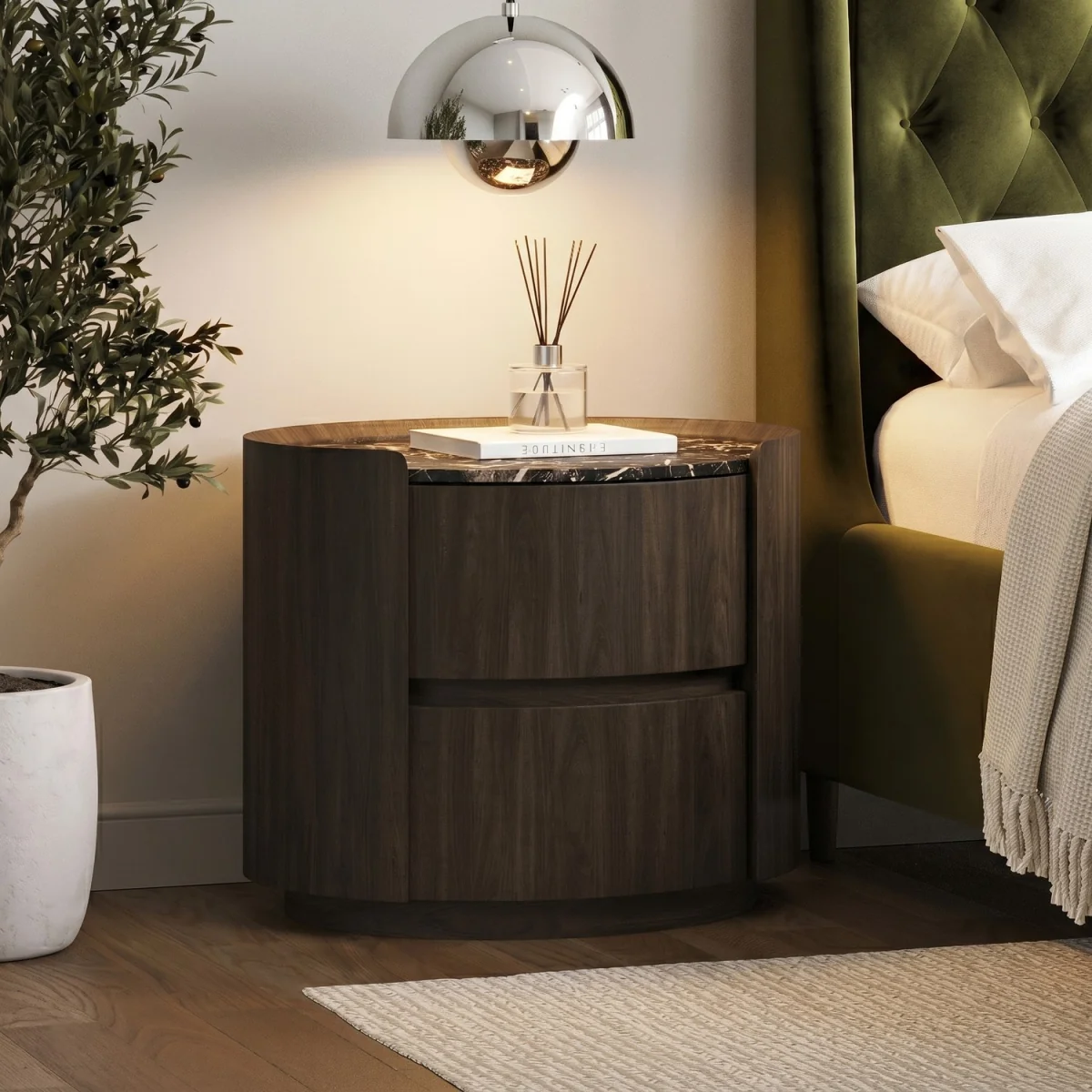 Walnut and Marble-Effect 2 Drawer Bedside Table - Raffaele – image 1