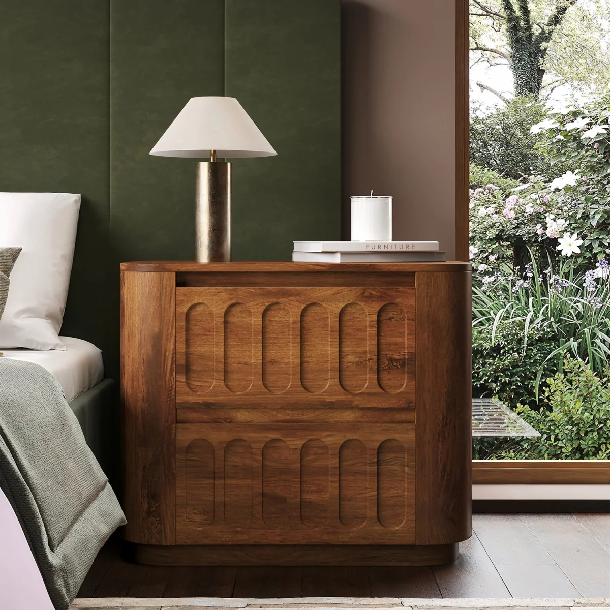 Wide Dark Wood Curved 2 Drawer Bedside Table - Fully Assembled - Meena – image 2