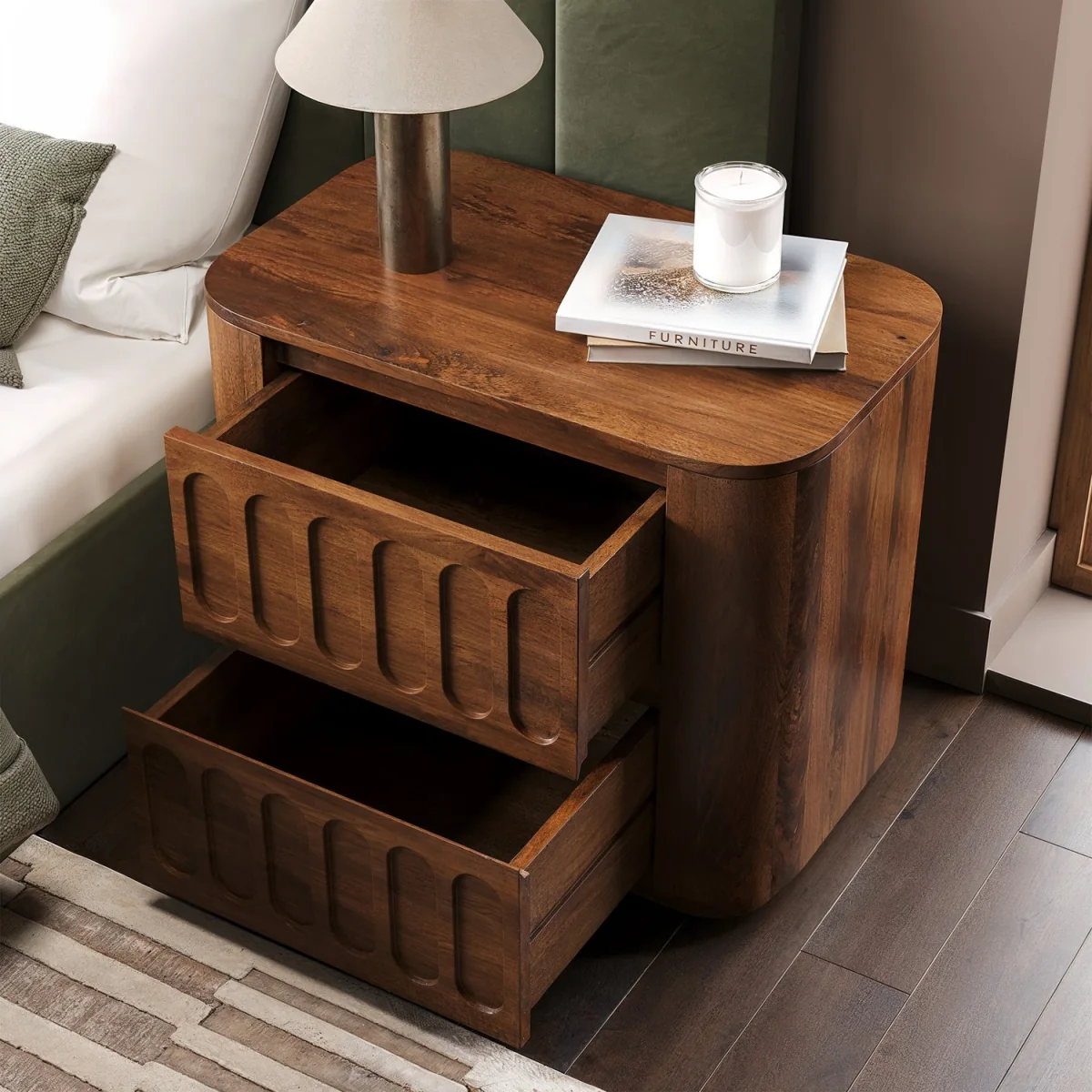 Wide Dark Wood Curved 2 Drawer Bedside Table - Fully Assembled - Meena – image 3