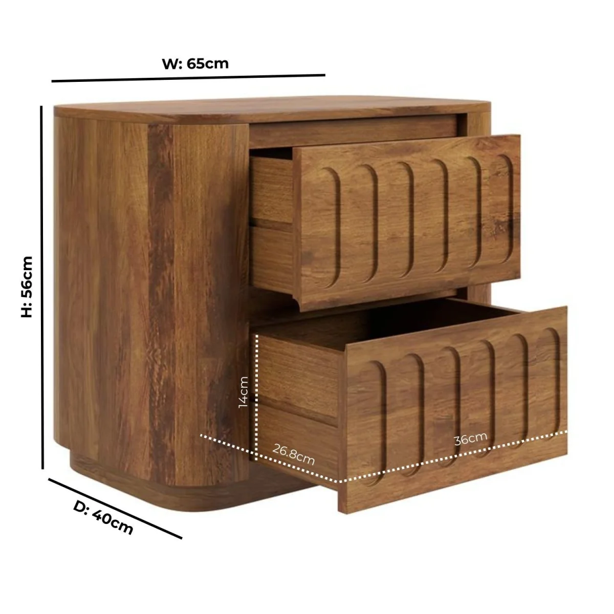 Wide Dark Wood Curved 2 Drawer Bedside Table - Fully Assembled - Meena – image 4