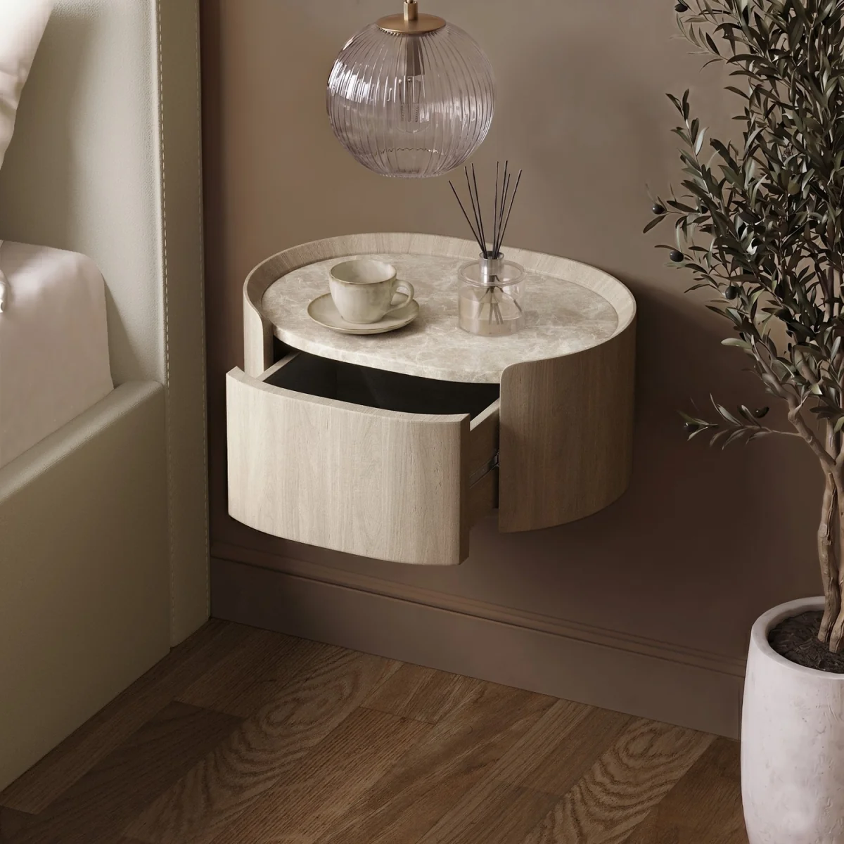 Light Wood and Marble-Effect 1 Drawer Floating Bedside Table - Raffaele – image 2