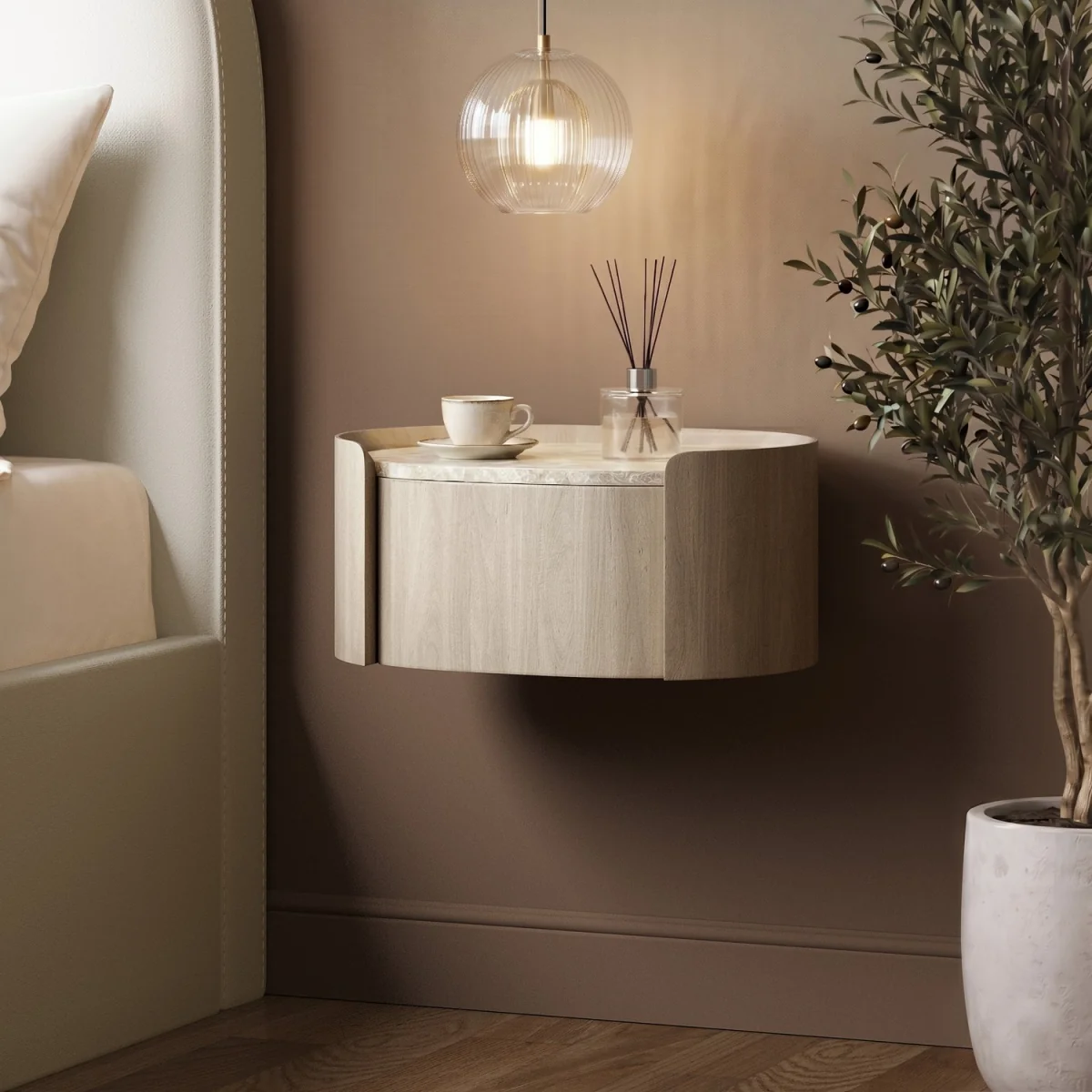 Light Wood and Marble-Effect 1 Drawer Floating Bedside Table - Raffaele – image 1