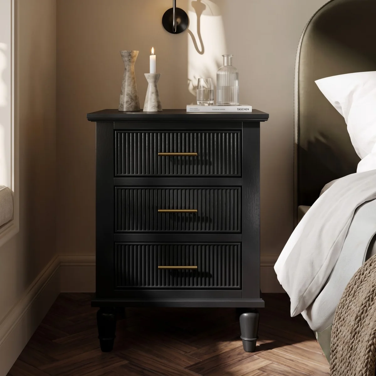Black Ribbed 3 Drawer Bedside Table - Farah – image 2