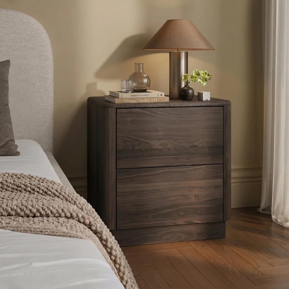 Modern Walnut 2 Drawer Bedside Table - Rowan – image 2