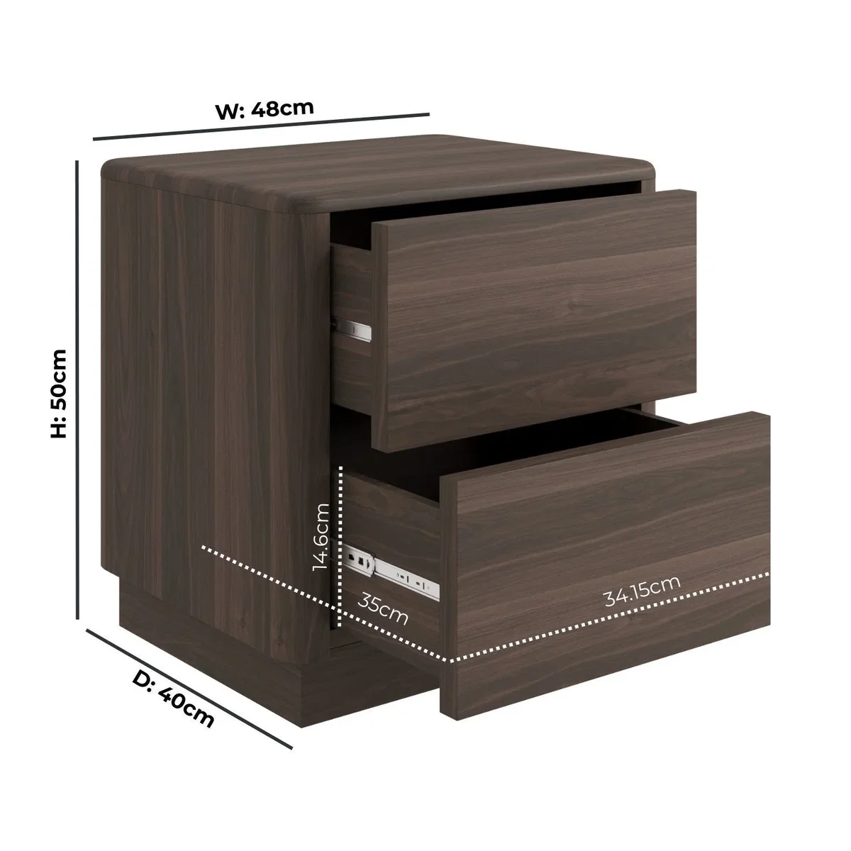 Modern Walnut 2 Drawer Bedside Table - Rowan – image 4