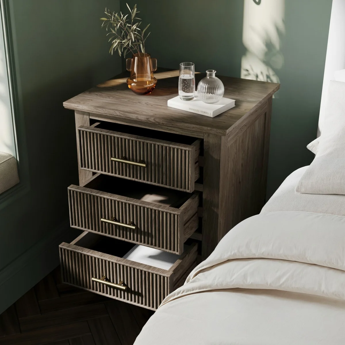 Dark Wood Ribbed 3 Drawer Bedside Table - Farah – image 2