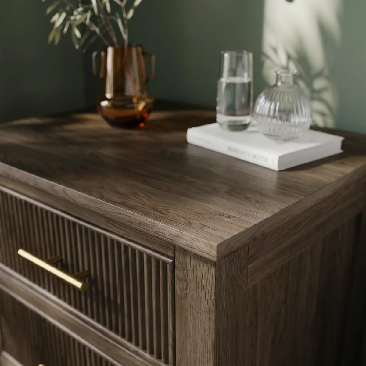 Dark Wood Ribbed 3 Drawer Bedside Table - Farah – image 3