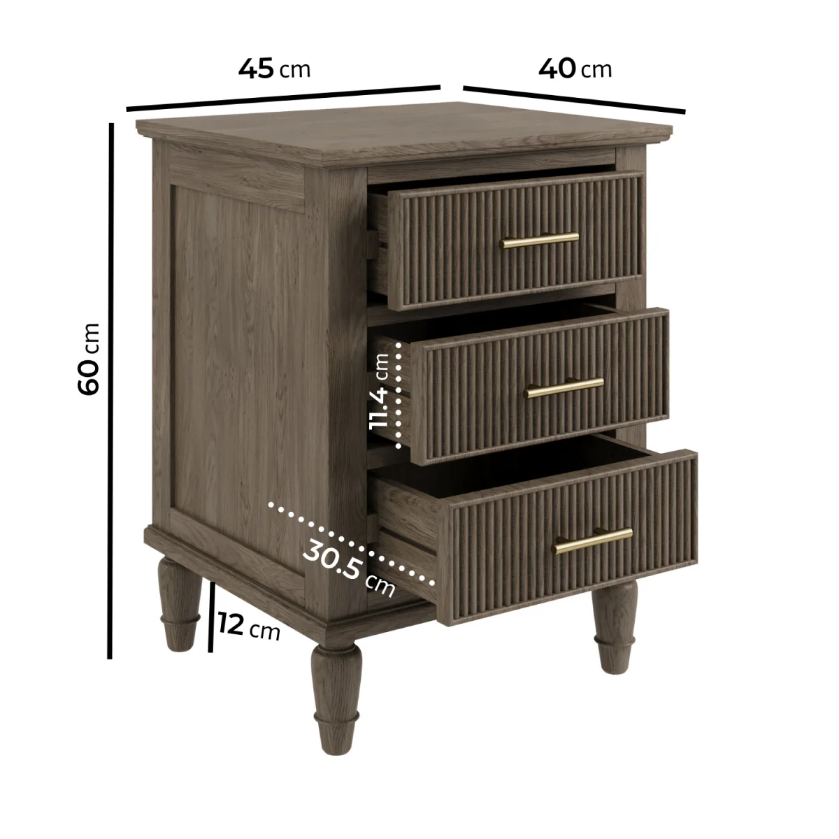 Dark Wood Ribbed 3 Drawer Bedside Table - Farah – image 4