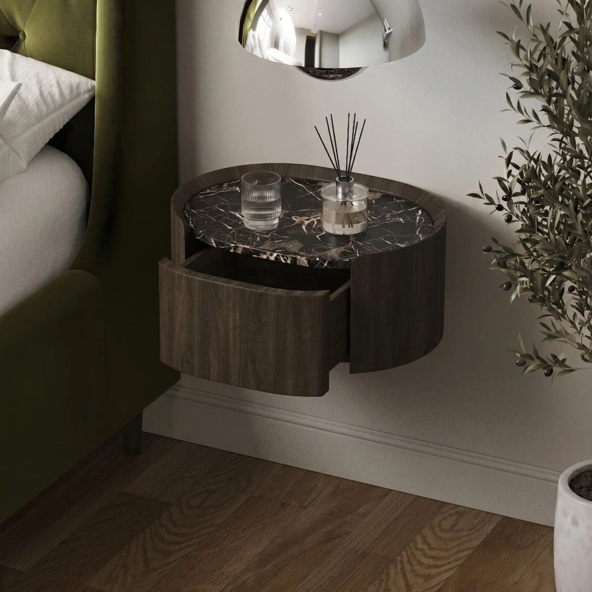 Walnut and Marble-Effect 1 Drawer Floating Bedside Table - Raffaele – image 2