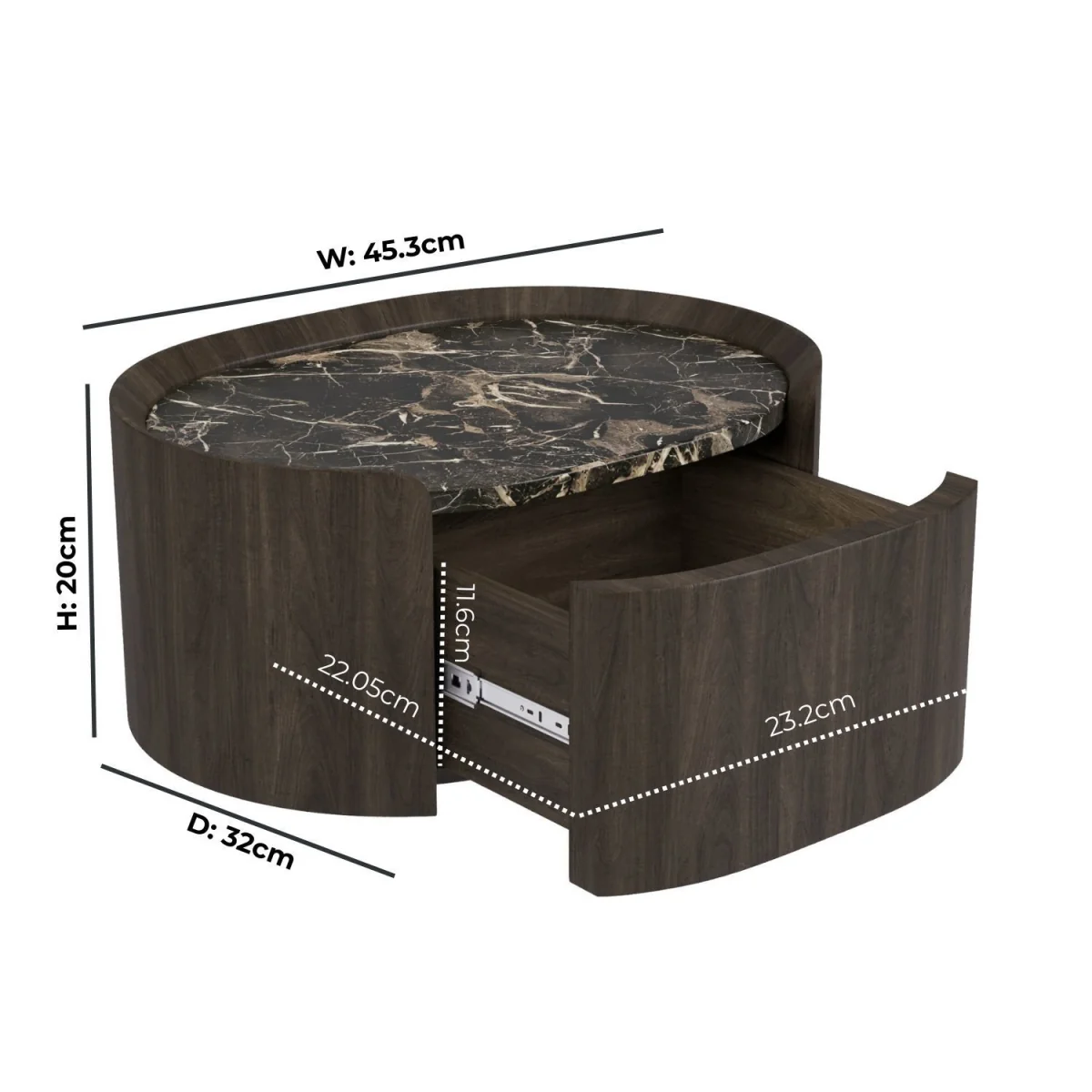 Walnut and Marble-Effect 1 Drawer Floating Bedside Table - Raffaele – image 3