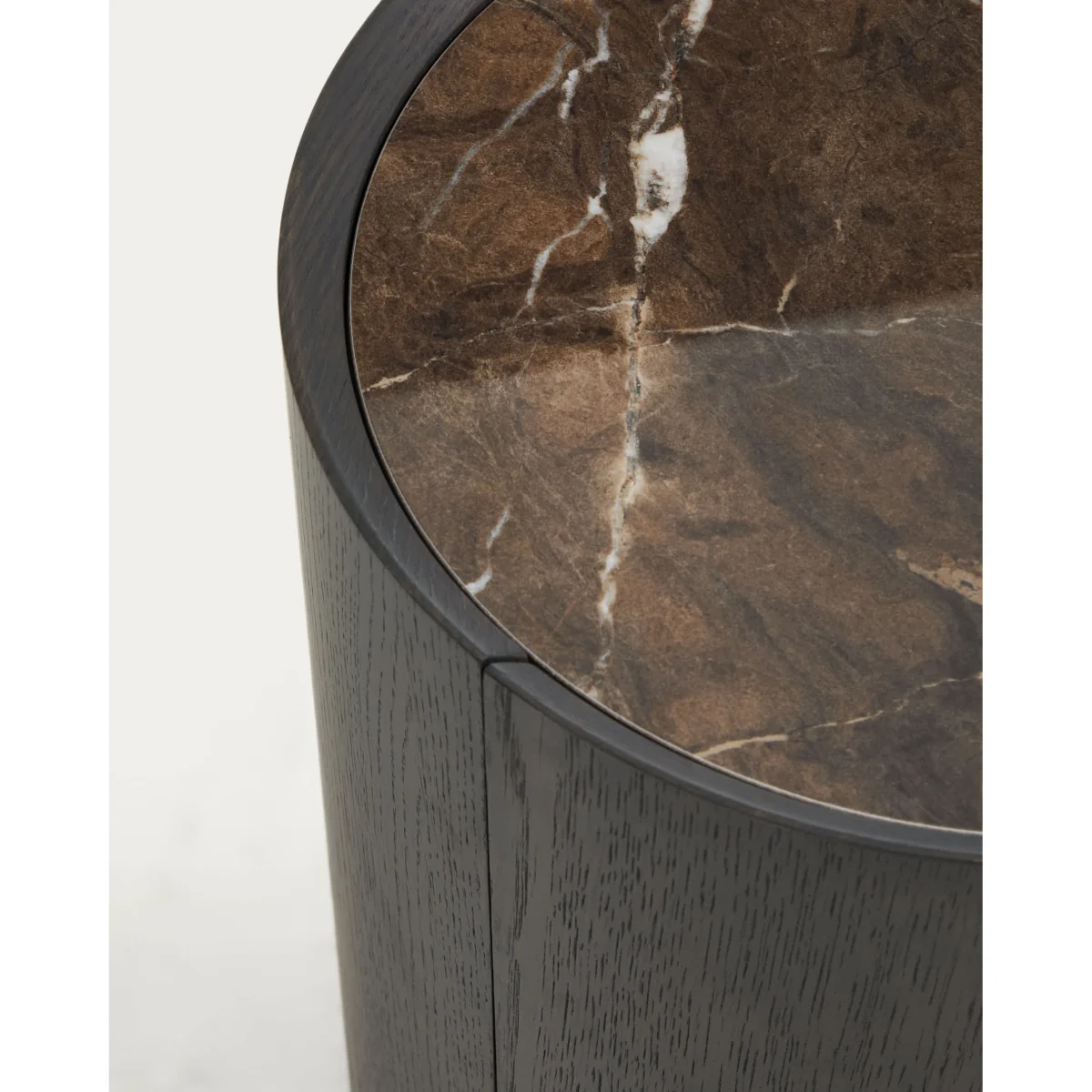 Nemore bedside table with 1 oak veneer drawer and Emperador marble-effect ceramic top, FSC Mix Credit, Ø 40 cm – image 3