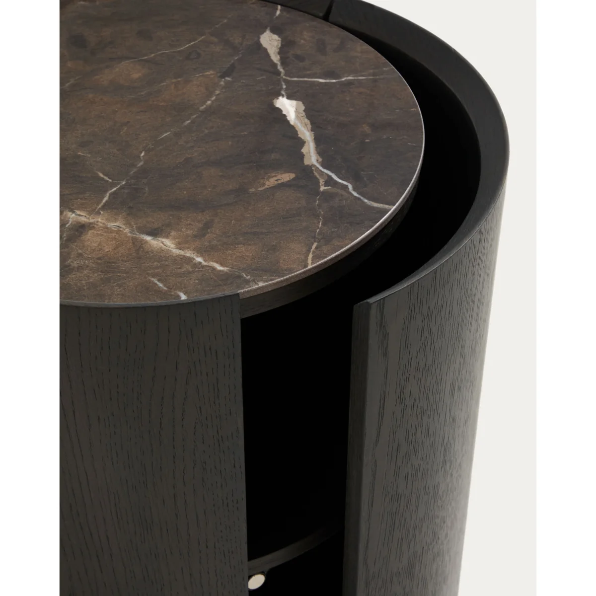 Nemore bedside table with 1 oak veneer drawer and Emperador marble-effect ceramic top, FSC Mix Credit, Ø 40 cm – image 6