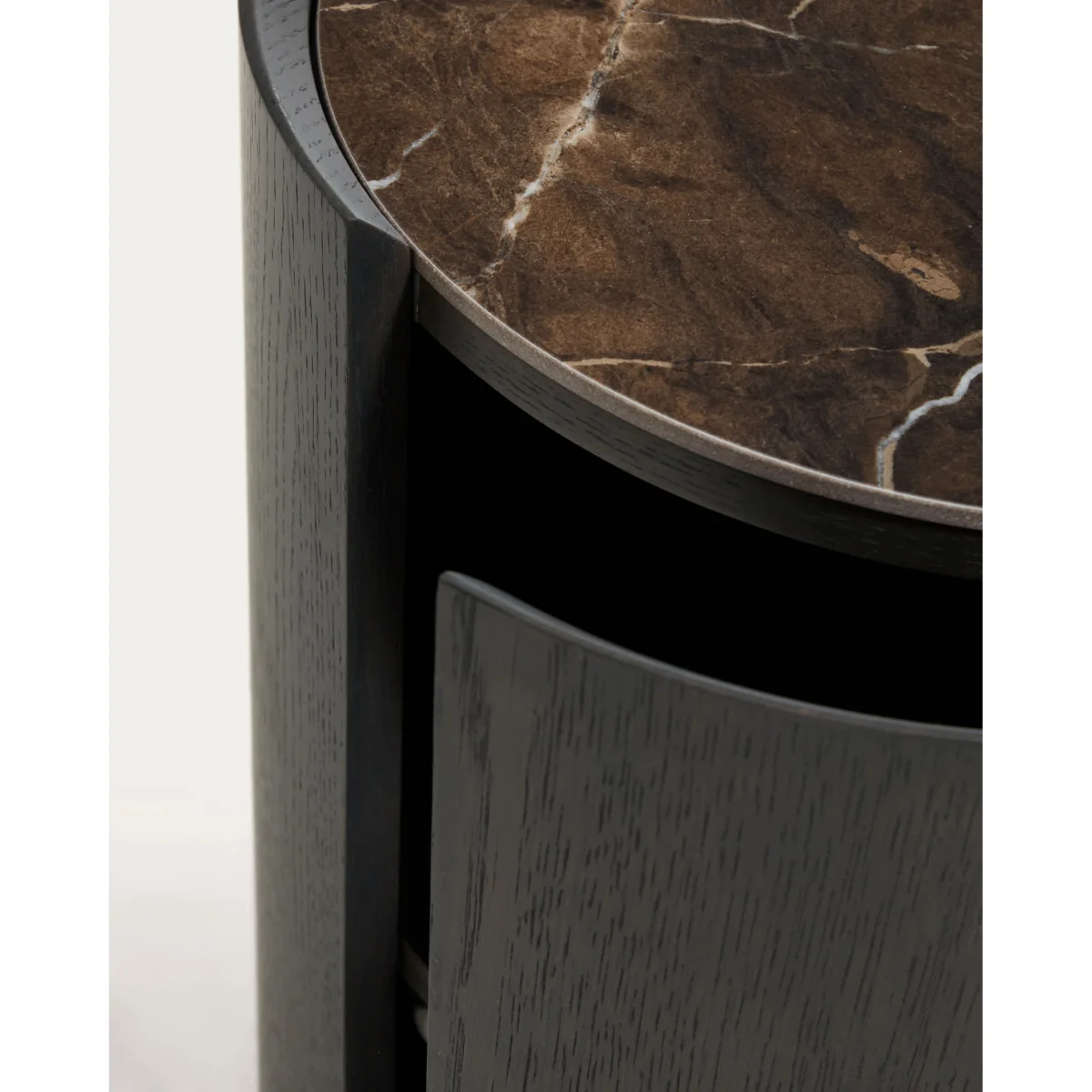Nemore bedside table with 1 oak veneer drawer and Emperador marble-effect ceramic top, FSC Mix Credit, Ø 40 cm – image 9