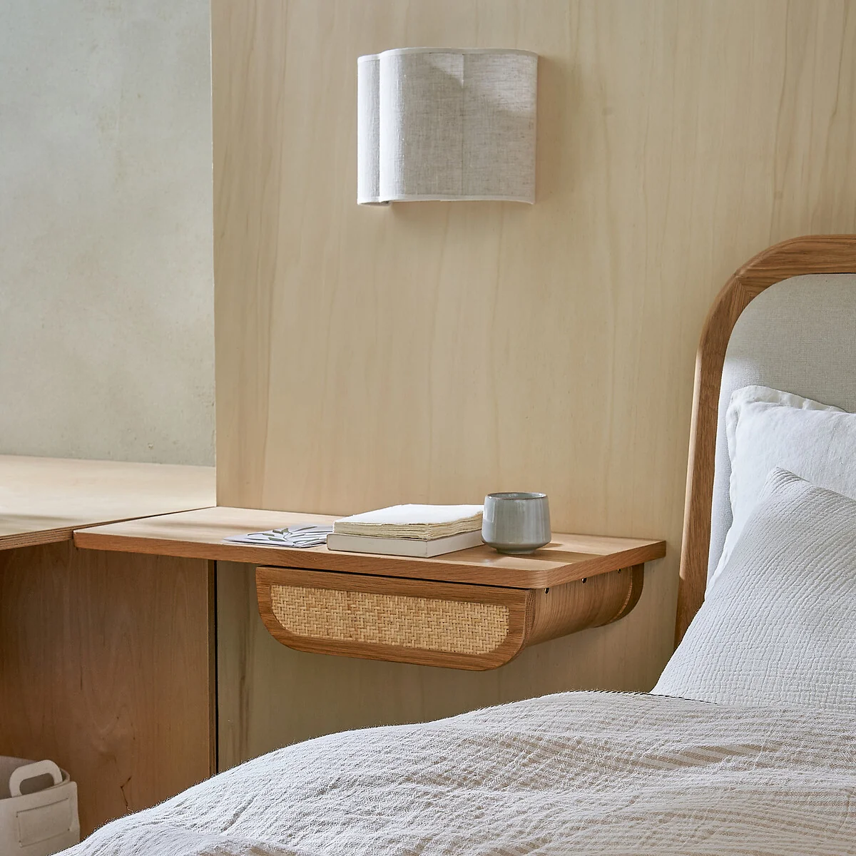 Ajory Oak Veneer & Rattan Wall-Mounted Bedside Table with Drawer – image 2