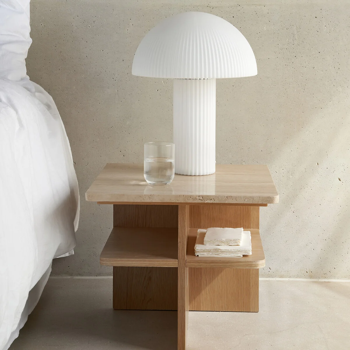 Caliste Oak Veneer & Travertine Bedside Table – image 2