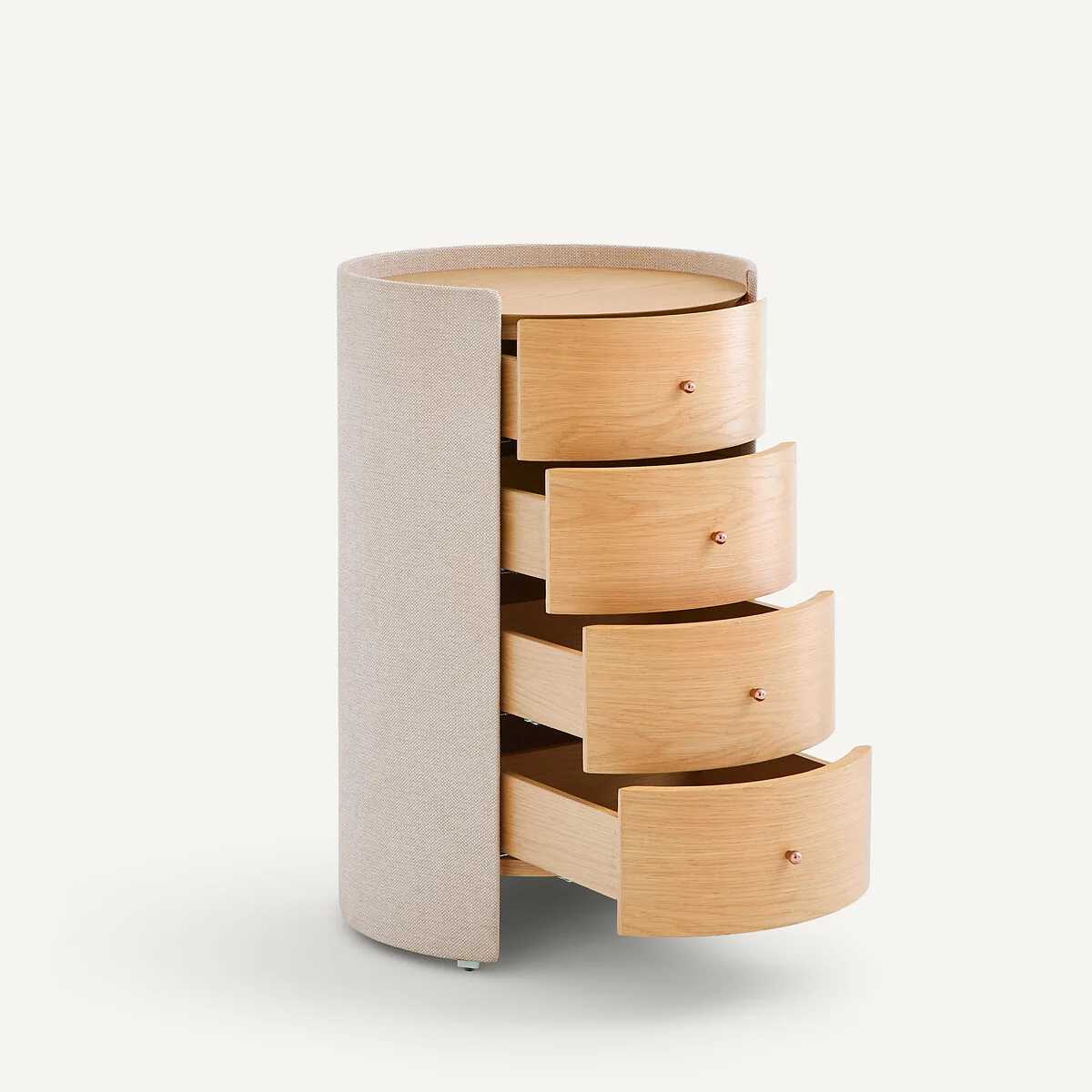 FIrmo Oak Veneer and Textured Fabrib Bedside Table – image 3