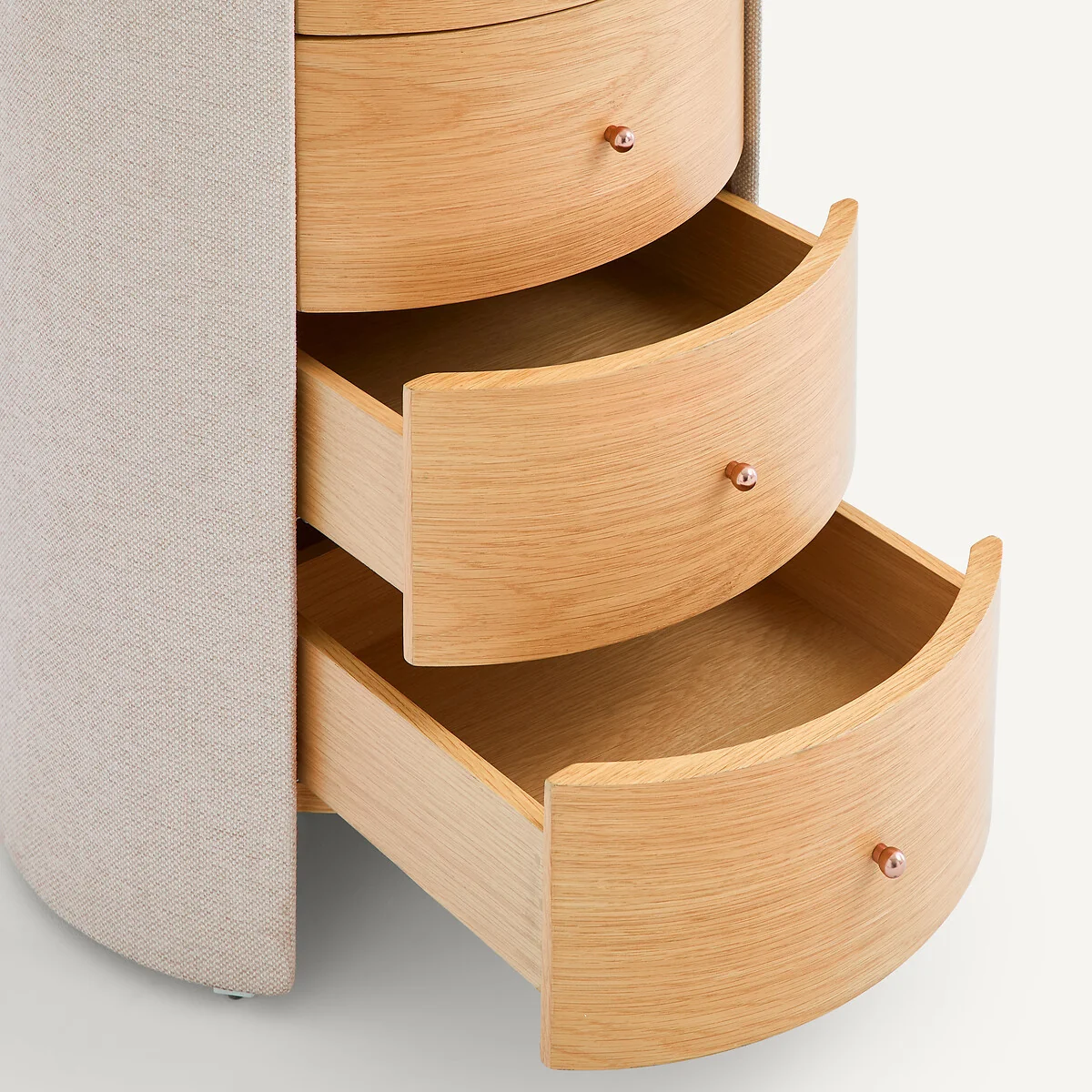 FIrmo Oak Veneer and Textured Fabrib Bedside Table – image 4