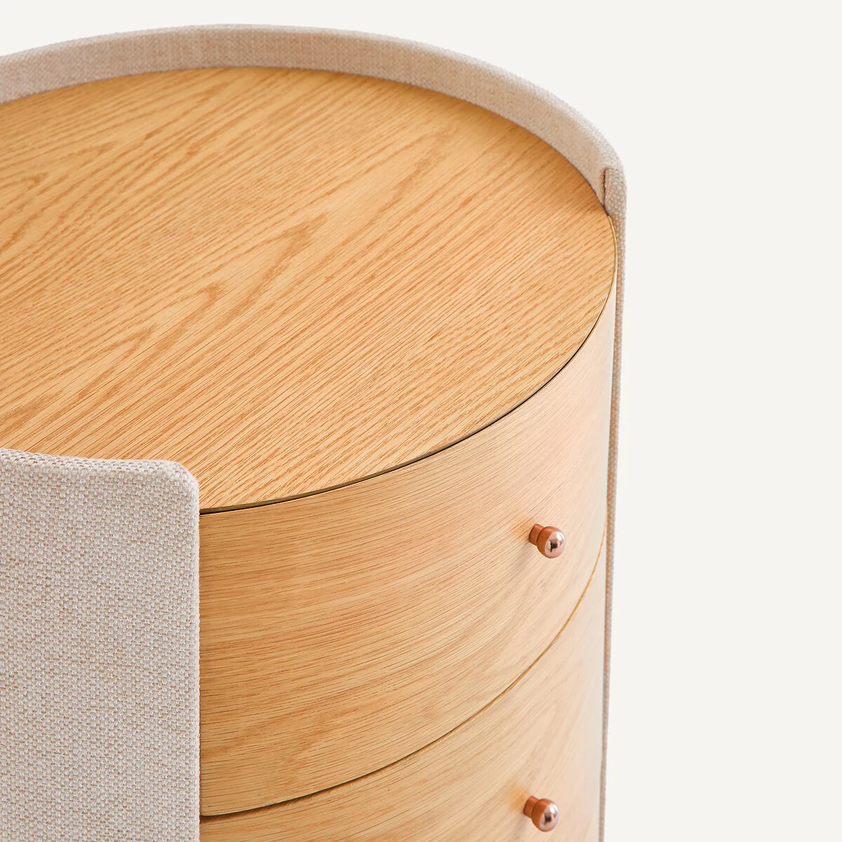 FIrmo Oak Veneer and Textured Fabrib Bedside Table – image 5
