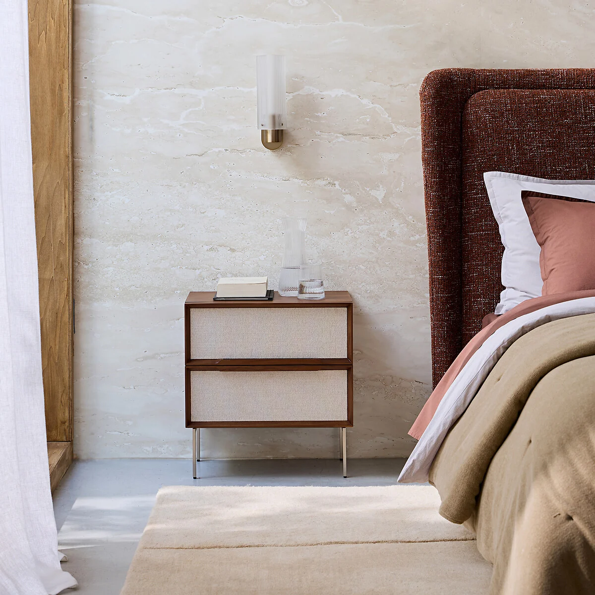 Omid 2-Drawer Bedside Table in Walnut Veneer and Fabric – image 2