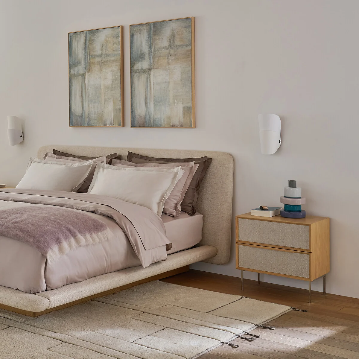 Omid Bedside Cabinet with 2 Drawers in Oak Veneer and Textured Fabric – image 2