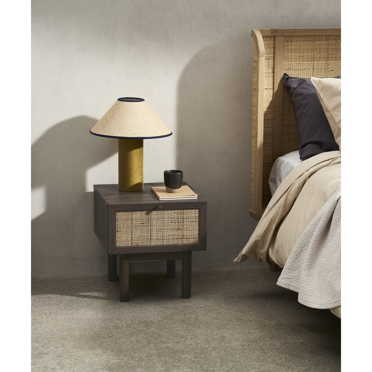 Pavia Bedside Table, Natural Rattan & Walnut Effect – image 2