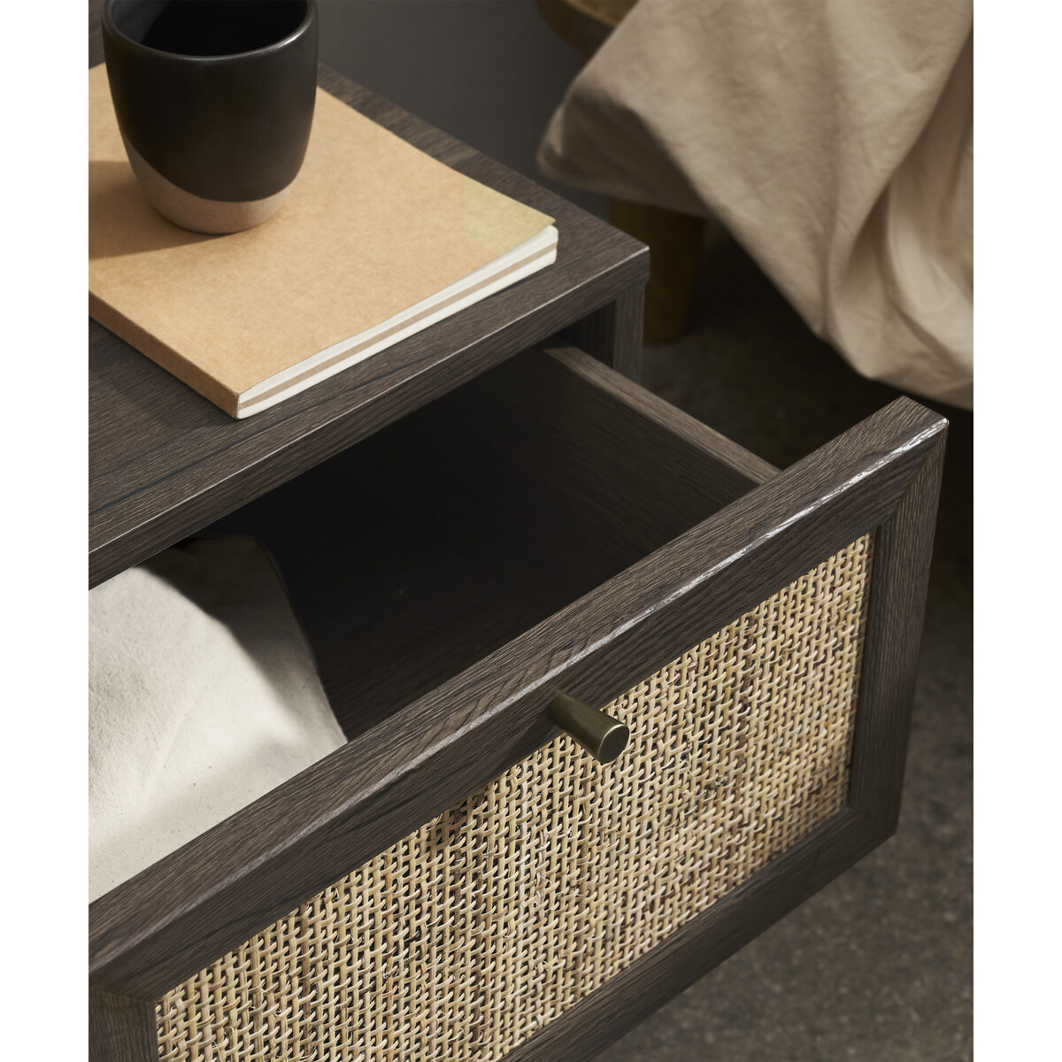 Pavia Bedside Table, Natural Rattan & Walnut Effect – image 3