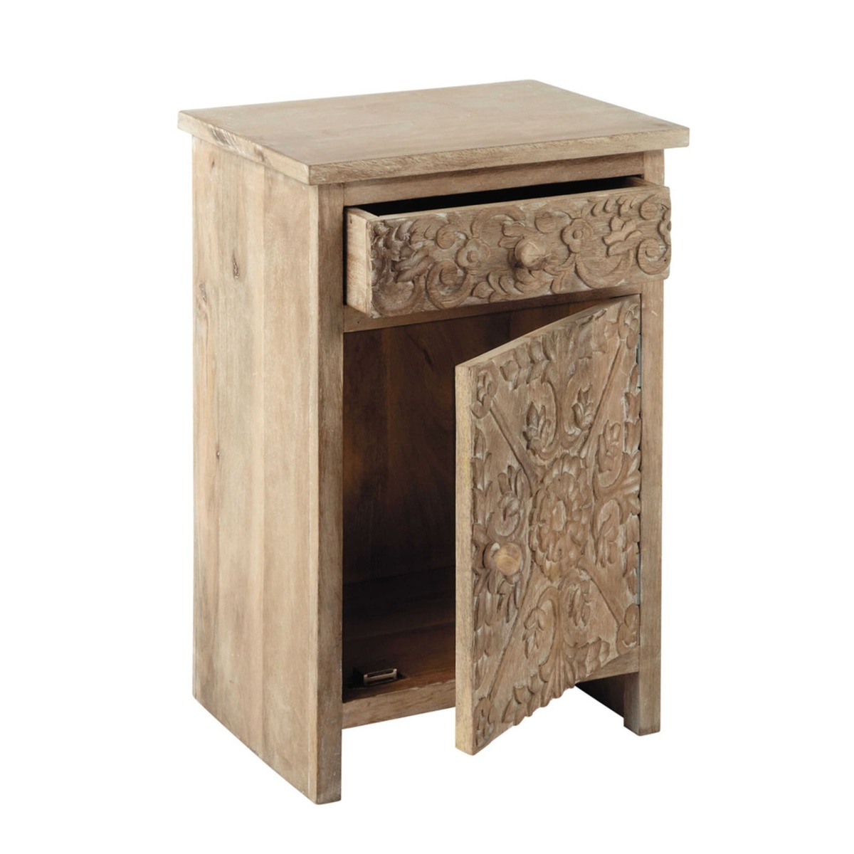 Carved solid mango wood bedside table with drawer in whitewash Himalaya – image 2