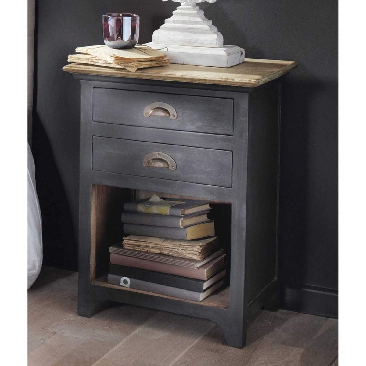 Grey Mango Wood Bedside Table with 2-Drawers Chinon – image 8