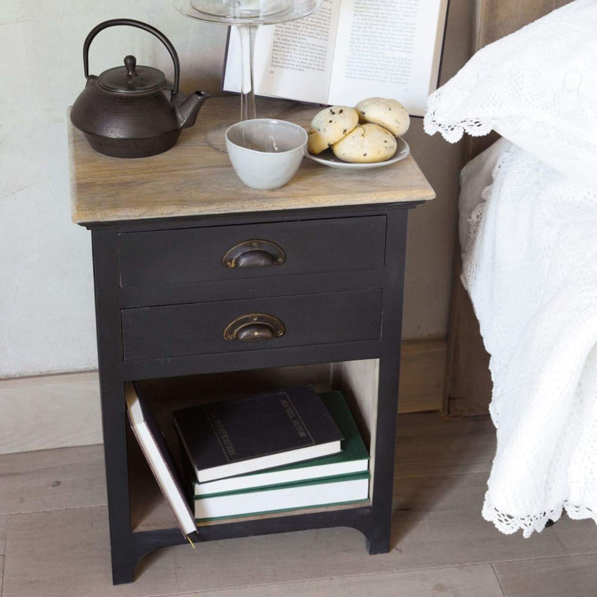 Grey Mango Wood Bedside Table with 2-Drawers Chinon – image 10