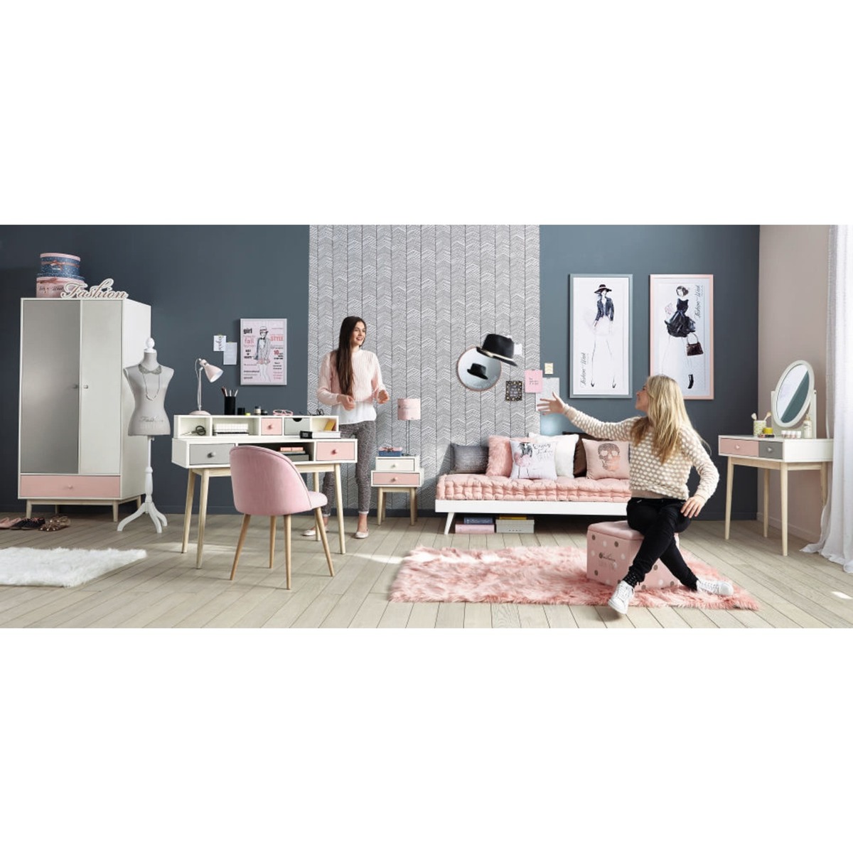 2-Drawers White and Pink Bedside Table Blush – image 3