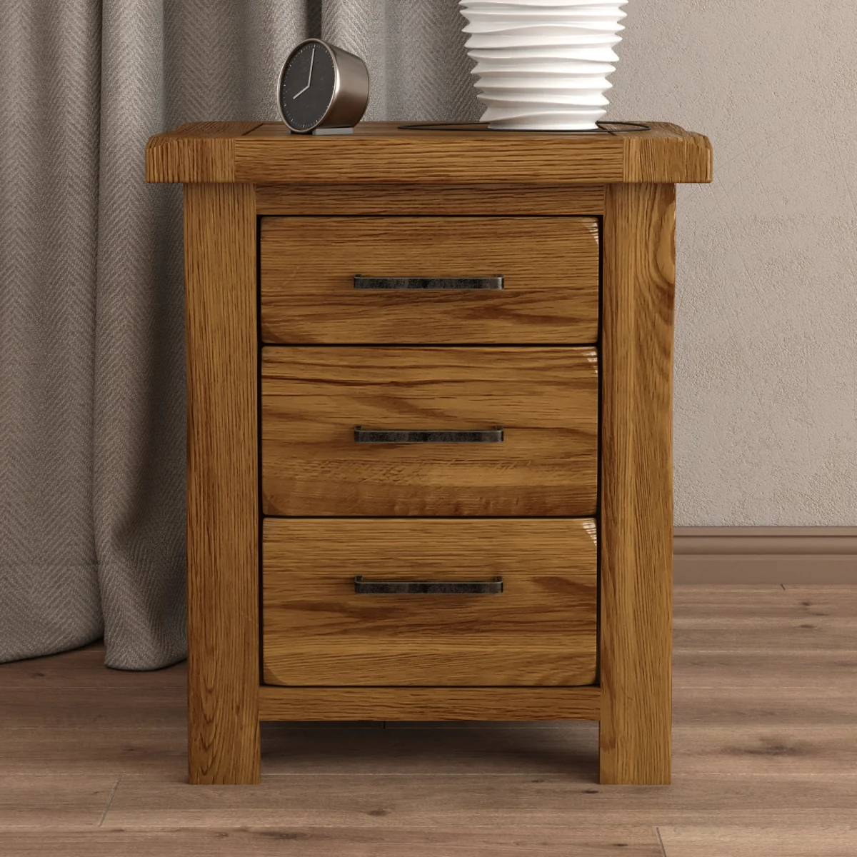 Harrogate Rustic Solid Oak 3 Drawer Bedside Table – image 2