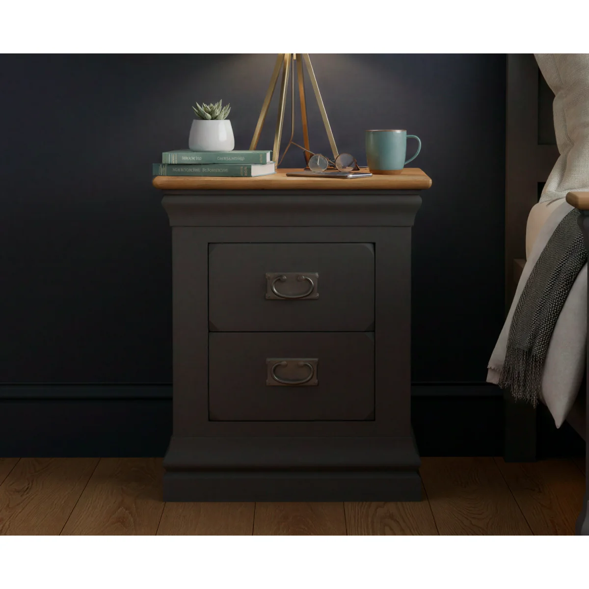 Charwood Oak and Charcoal Painted 2 Drawer Bedside Table – image 2