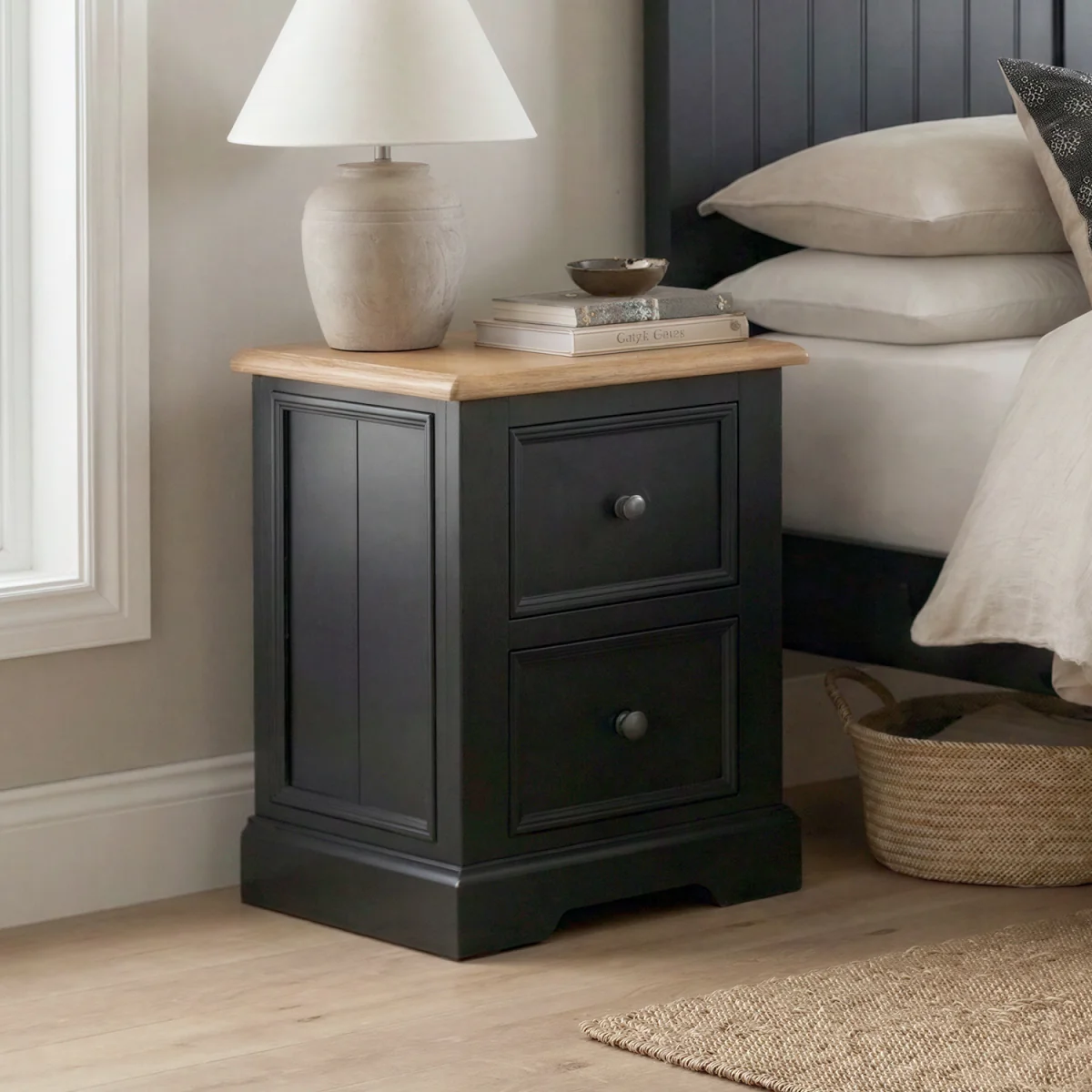Charlton Oak and Black Painted 2 Drawer Bedside Table – image 2