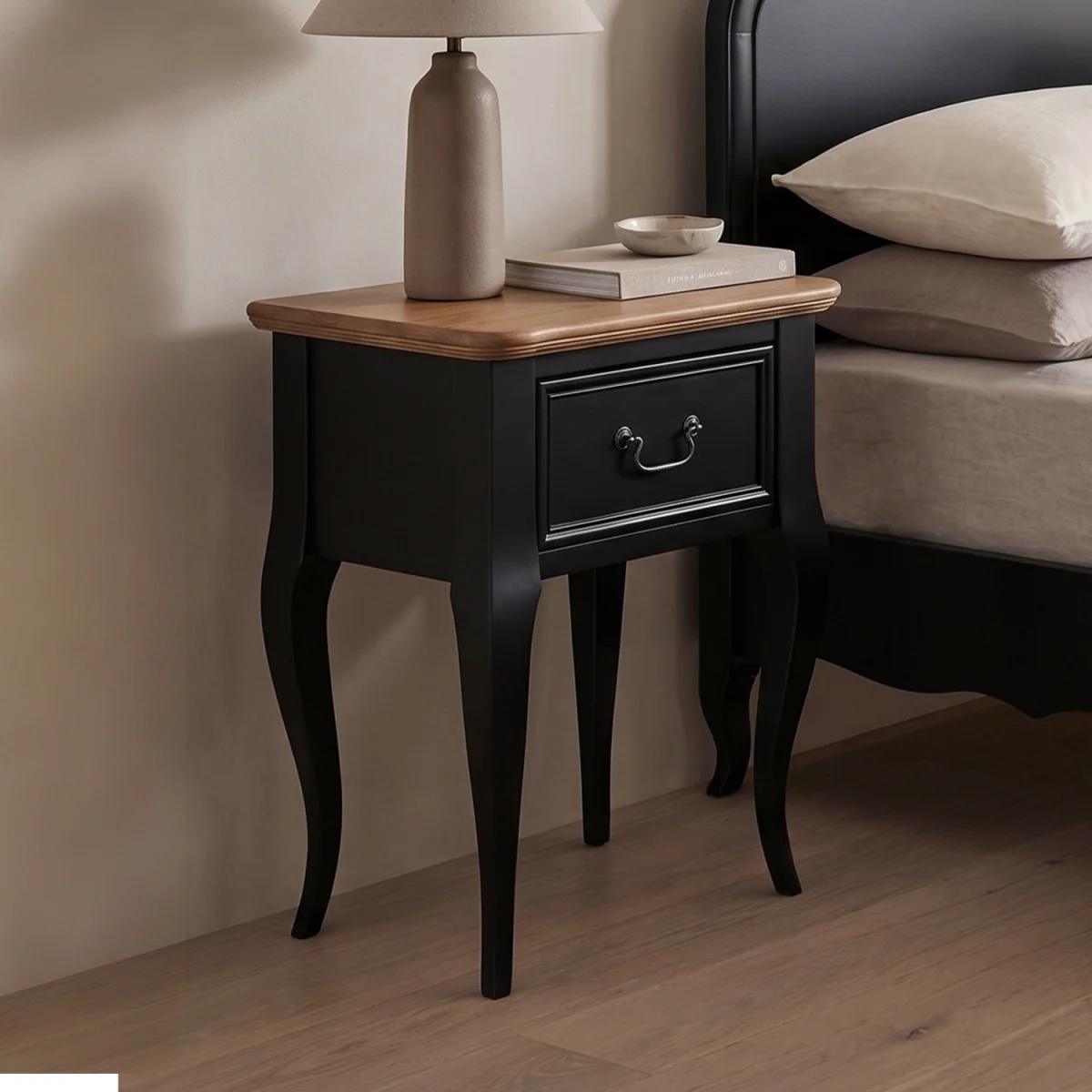 Chateau Noir Oak and Black Painted 1 Drawer Bedside Table – image 2