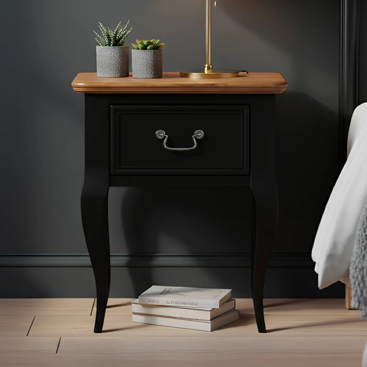 Chateau Noir Oak and Black Painted 1 Drawer Bedside Table – image 3