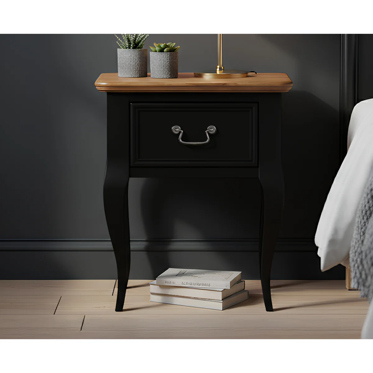 Chateau Noir Oak and Black Painted 1 Drawer Bedside Table – image 4