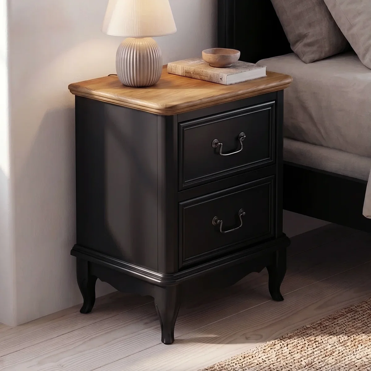 Chateau Noir Oak and Black Painted 2 Drawer Bedside Table – image 2