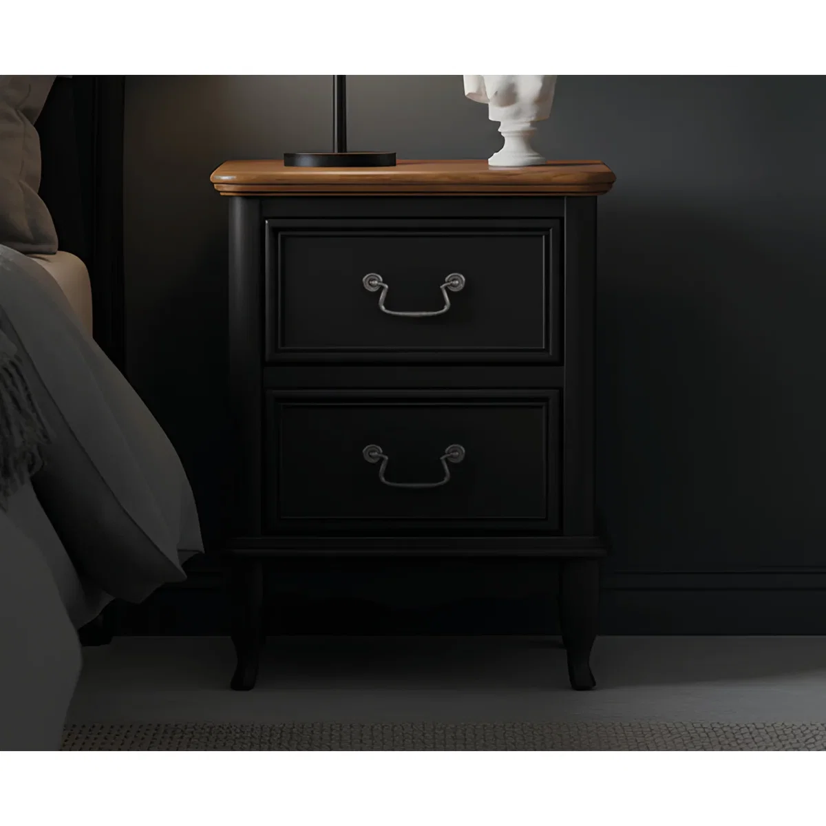 Chateau Noir Oak and Black Painted 2 Drawer Bedside Table – image 4